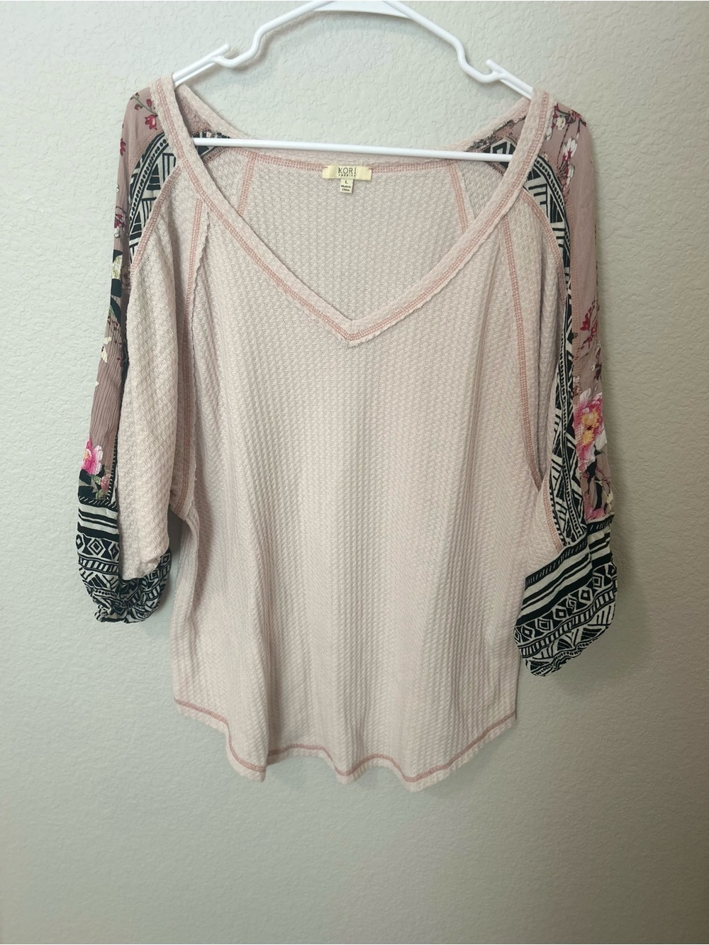 Kori Thermal Waffle Knit Mixed Print Tunic Top Blush Pink Size Large - Picture 4 of 8